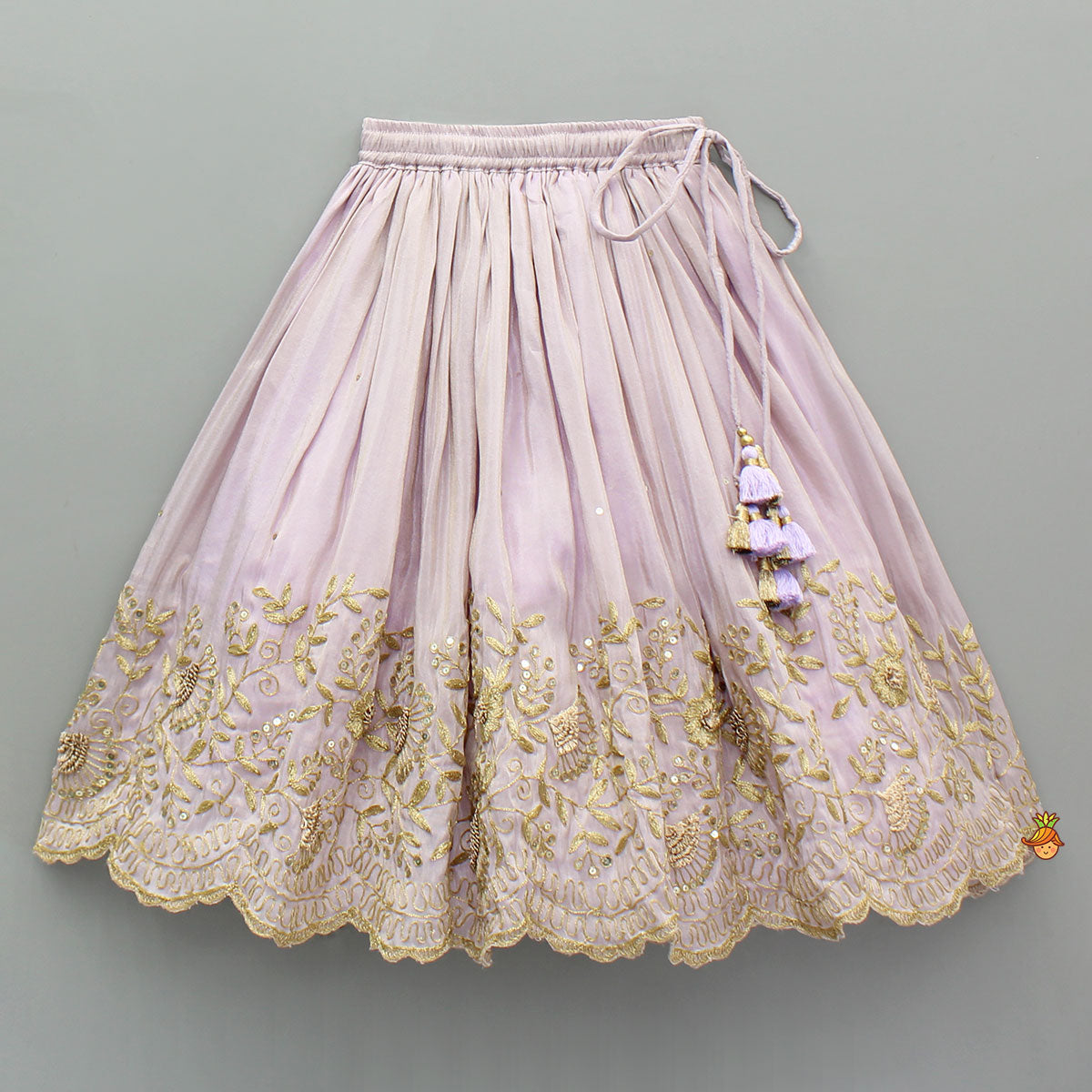 Pre Order: Shimmery Lavender Embroidered Ruffled Top With Shimmery Lehenga And Dupatta