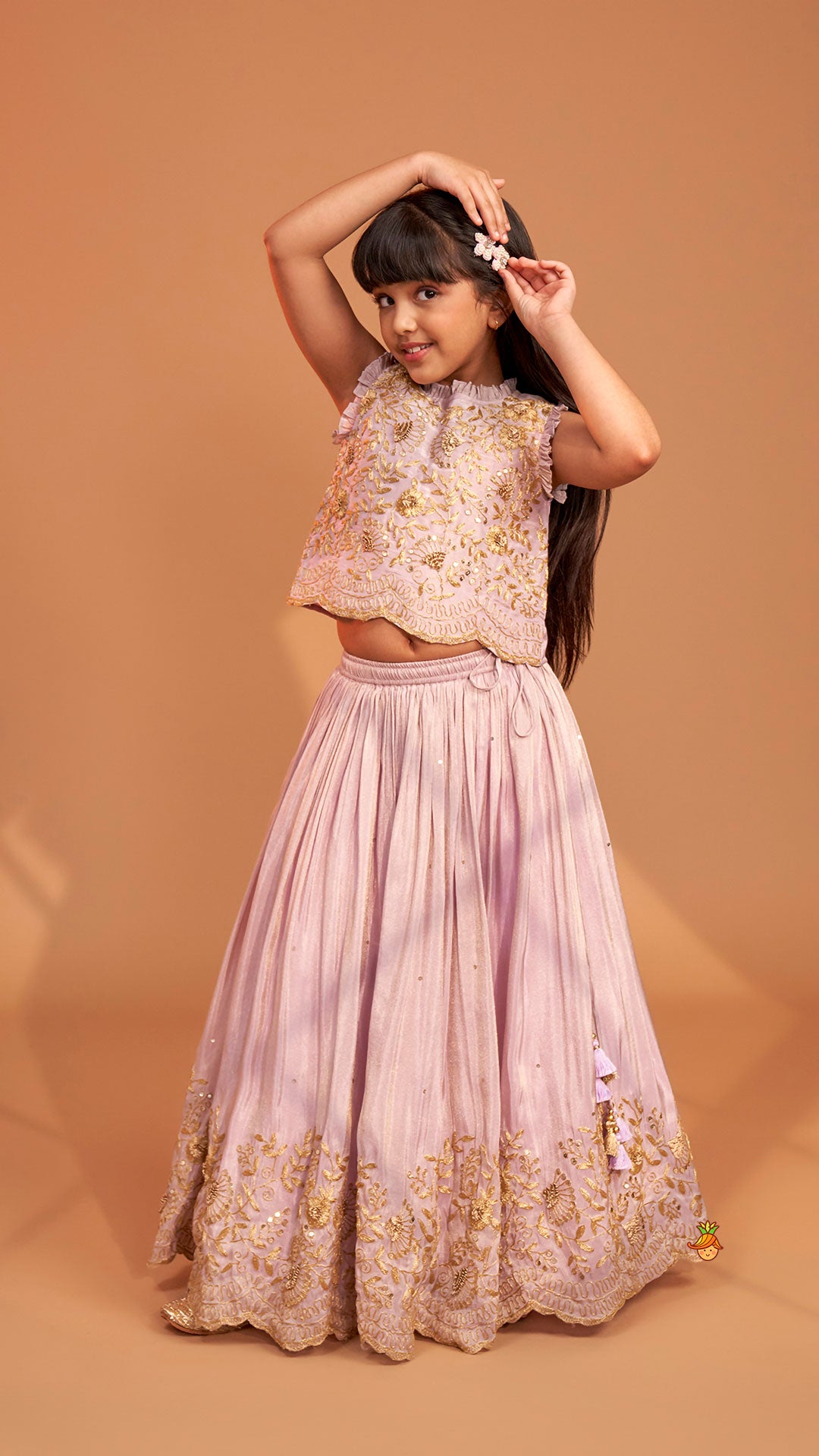 Pre Order: Shimmery Lavender Embroidered Ruffled Top With Shimmery Lehenga And Dupatta