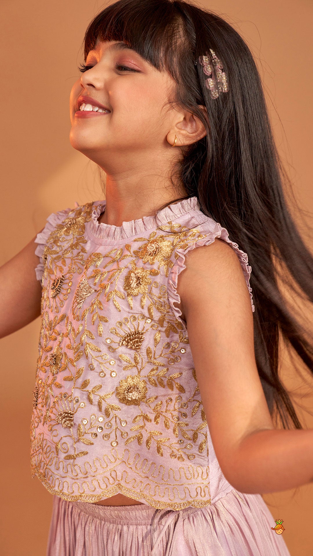 Pre Order: Shimmery Lavender Embroidered Ruffled Top With Shimmery Lehenga And Dupatta