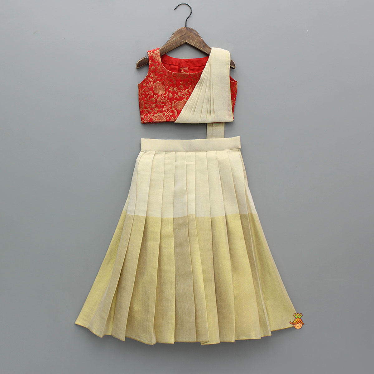 Pre Order: Red Ethnic Drape Detailed Top With Pleated Zari Sheen Lehenga
