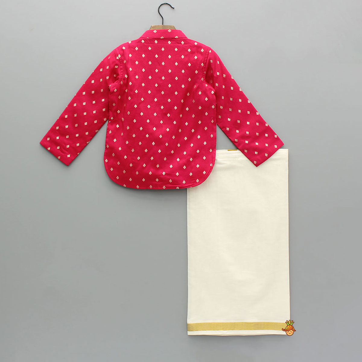 Pre Order: Red Brocade Kurta With Wrap Lungi
