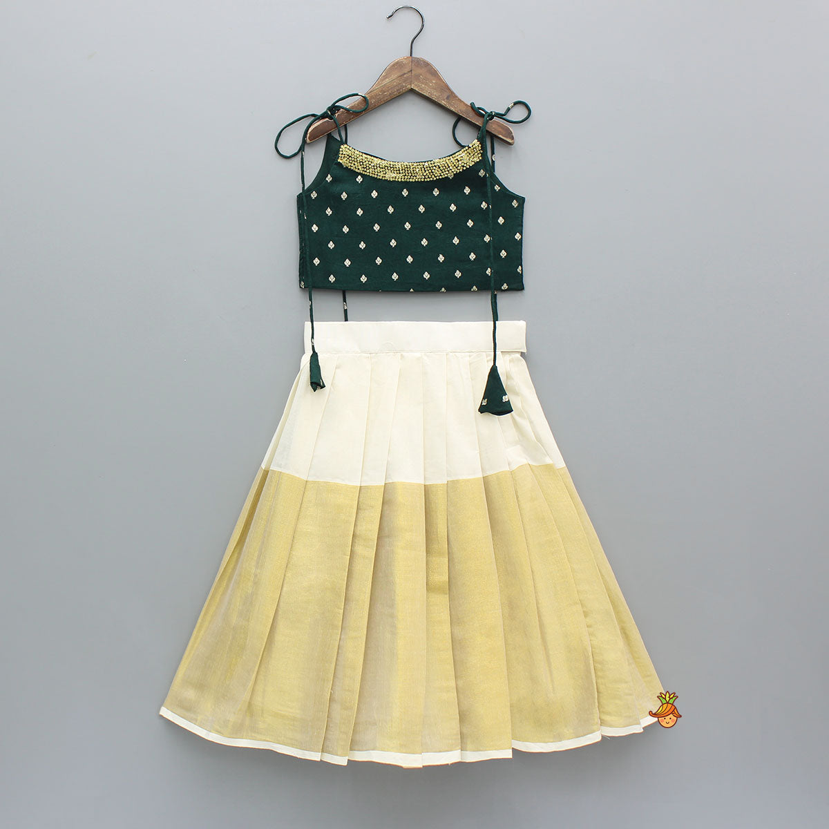 Pre Order: Green Brocade Top With Zari Skirt
