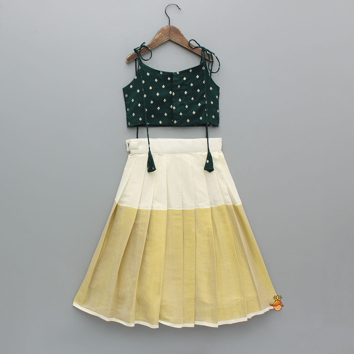 Pre Order: Green Brocade Top With Zari Skirt