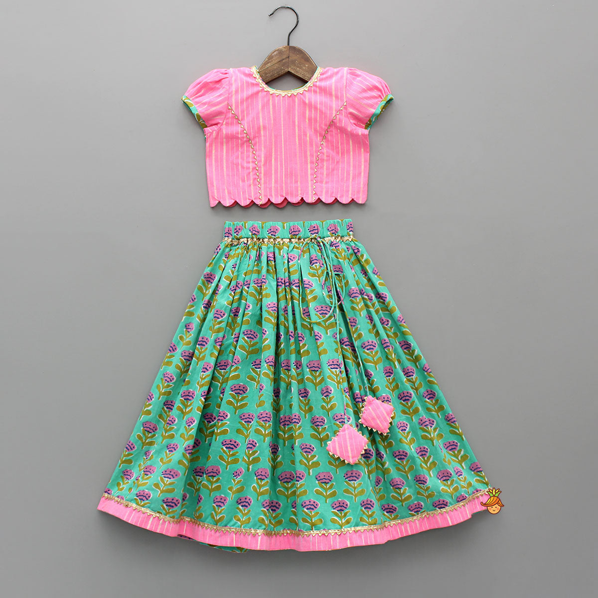 Elegant Pink Scalloped Top With Floral Printed Lehenga