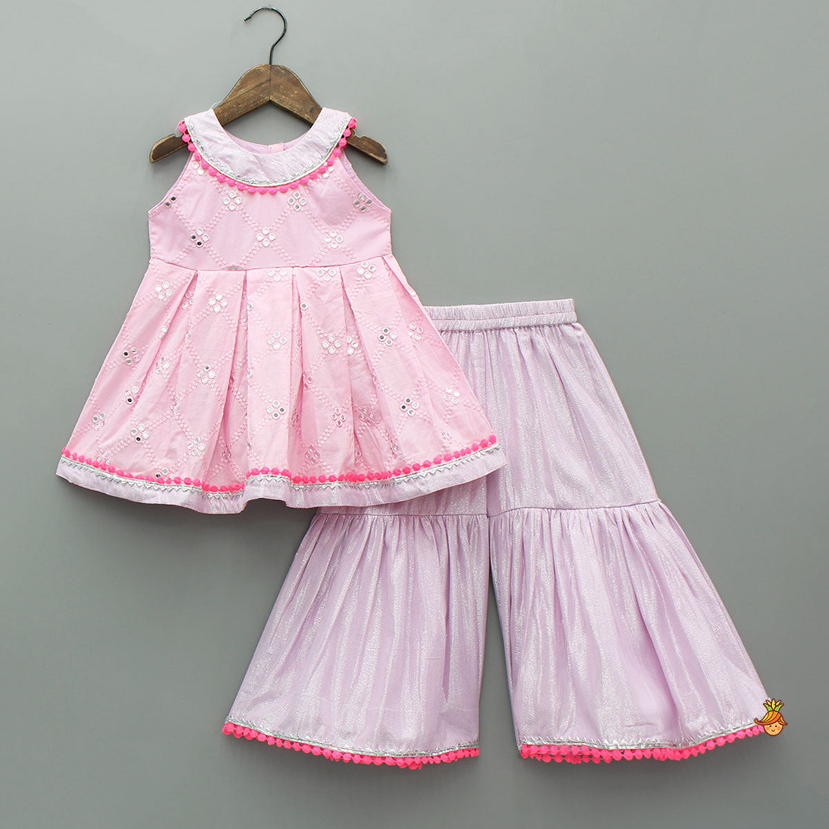 Faux Mirror Embroidered Pink Top With Shimmery Sharara