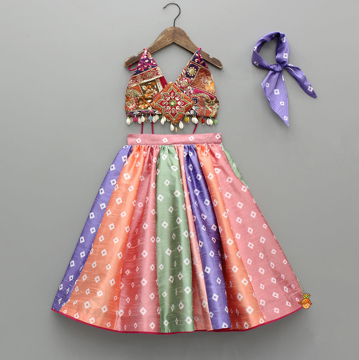 Pre Order: Beautiful Thread Embroidered Top With Bandhani Printed Panel Lehenga And Bandana