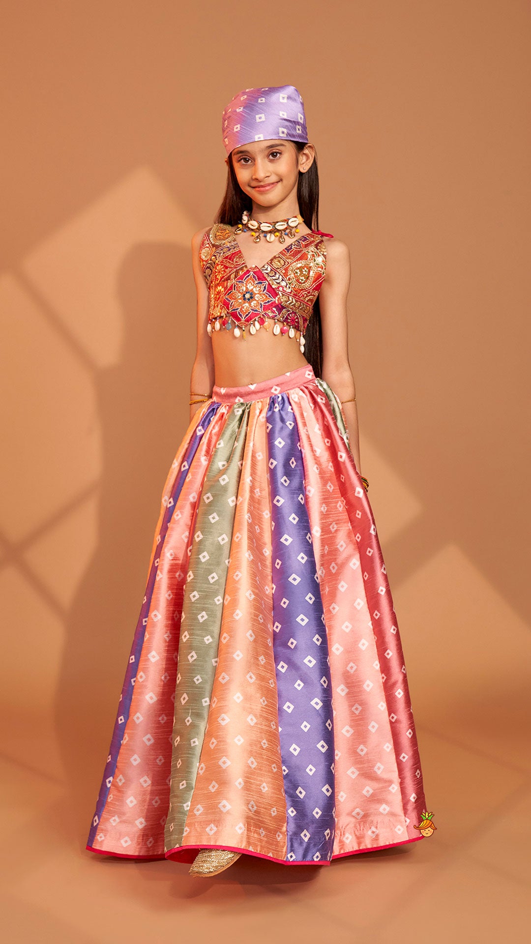 Pre Order: Beautiful Thread Embroidered Top With Bandhani Printed Panel Lehenga And Bandana