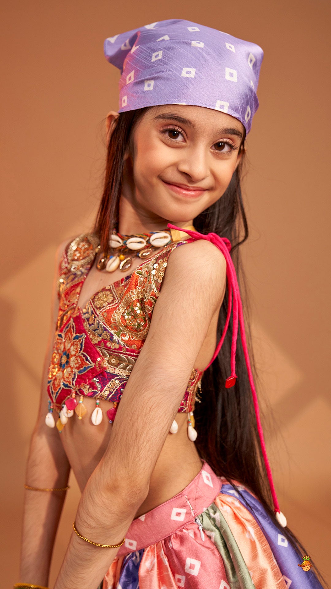 Pre Order: Beautiful Thread Embroidered Top With Bandhani Printed Panel Lehenga And Bandana