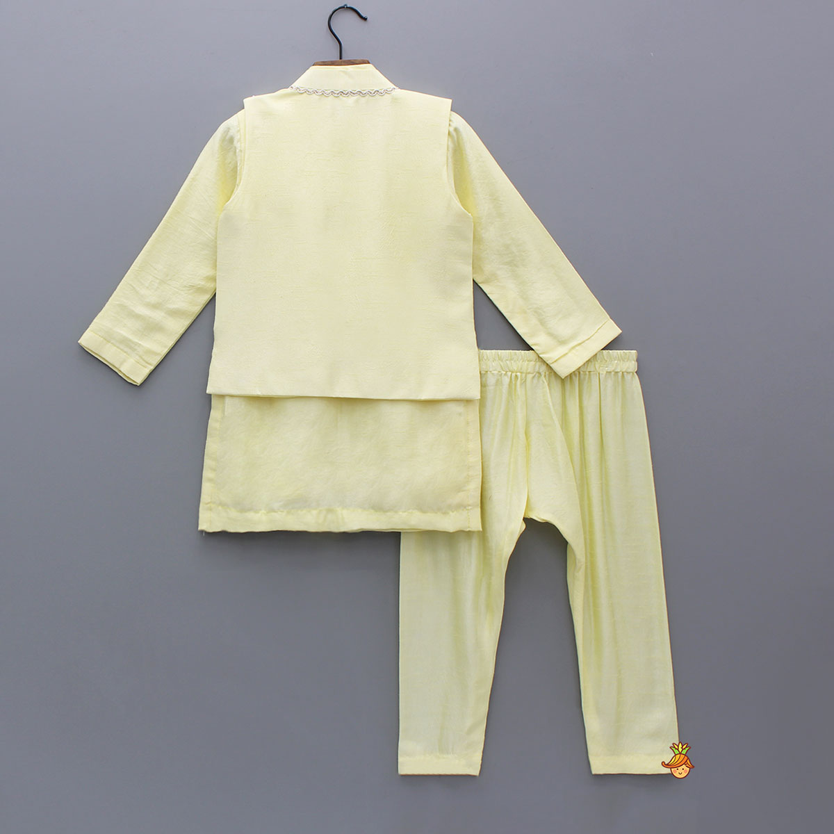 Pre Order: Yellow Kurta With Front Open Embroidered Jacket And Pyjama