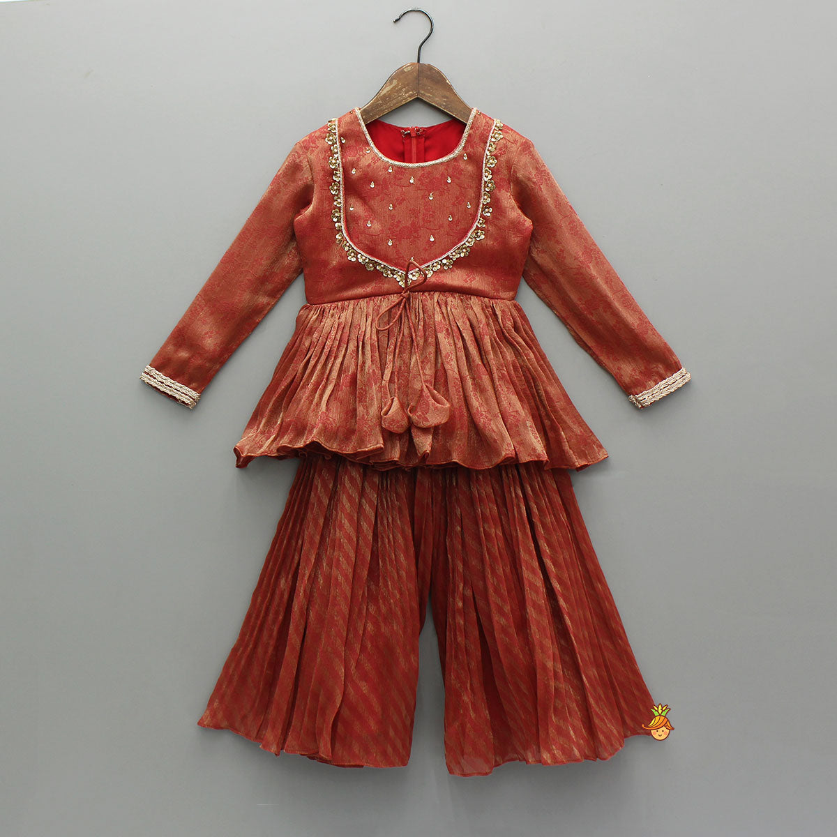 Pre Order: Rust Textured Kurta With Pleated Palazzo