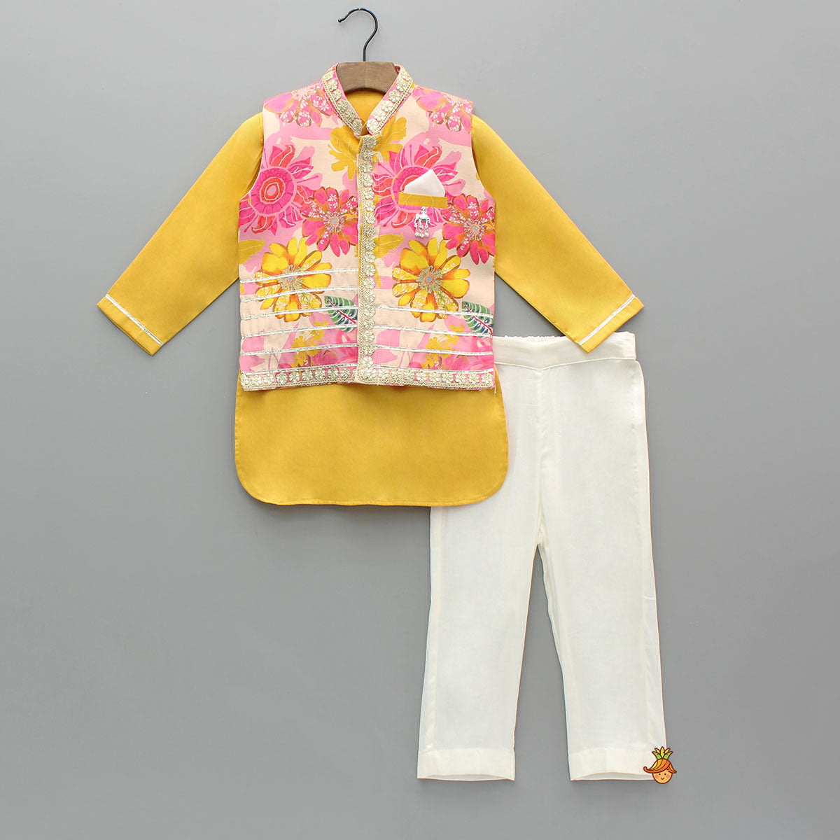 Pre Order: Front Placket Kurta With Floral Printed Multicolour Jacket And Pyjama