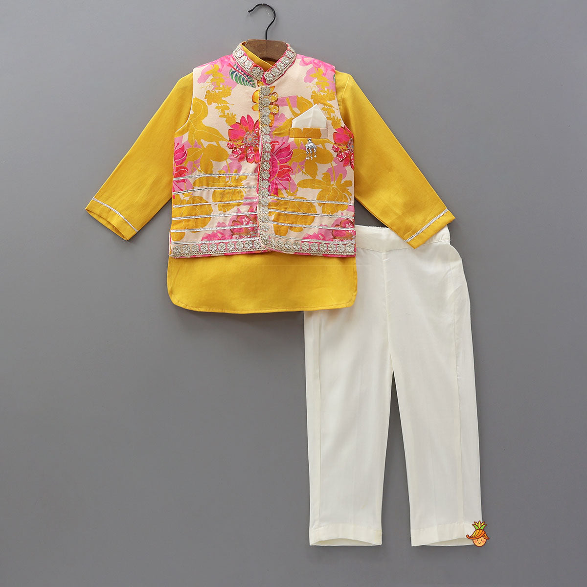 Pre Order: Front Placket Kurta With Floral Printed Multicolour Jacket And Pyjama