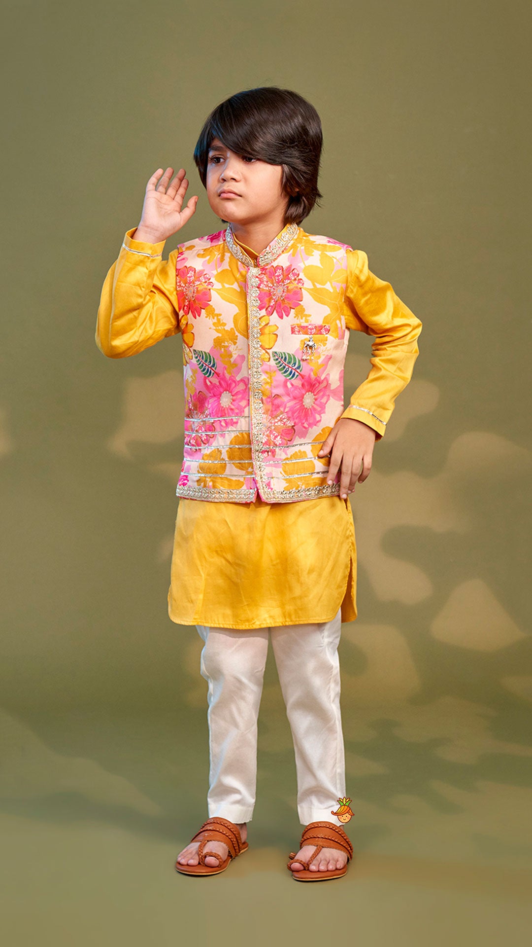 Pre Order: Front Placket Kurta With Floral Printed Multicolour Jacket And Pyjama