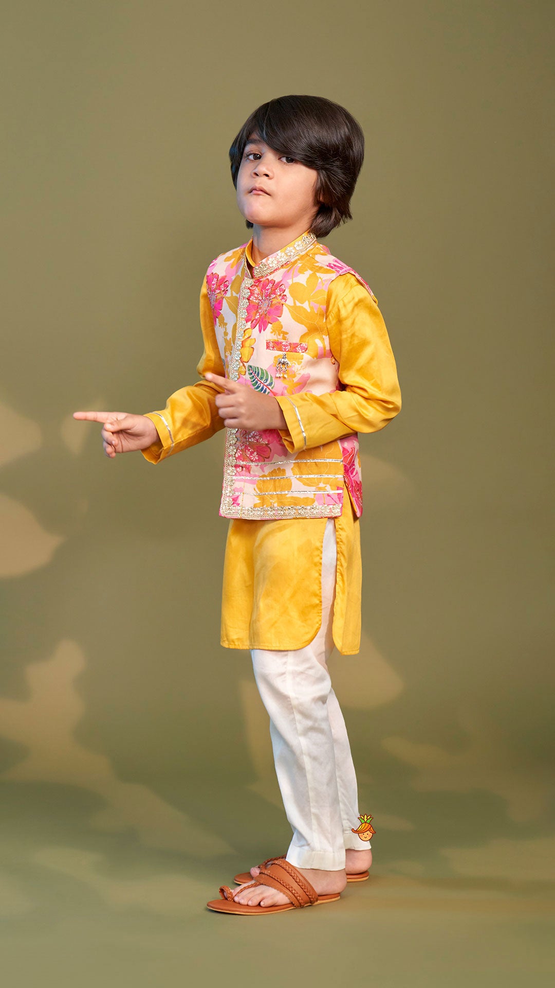 Pre Order: Front Placket Kurta With Floral Printed Multicolour Jacket And Pyjama