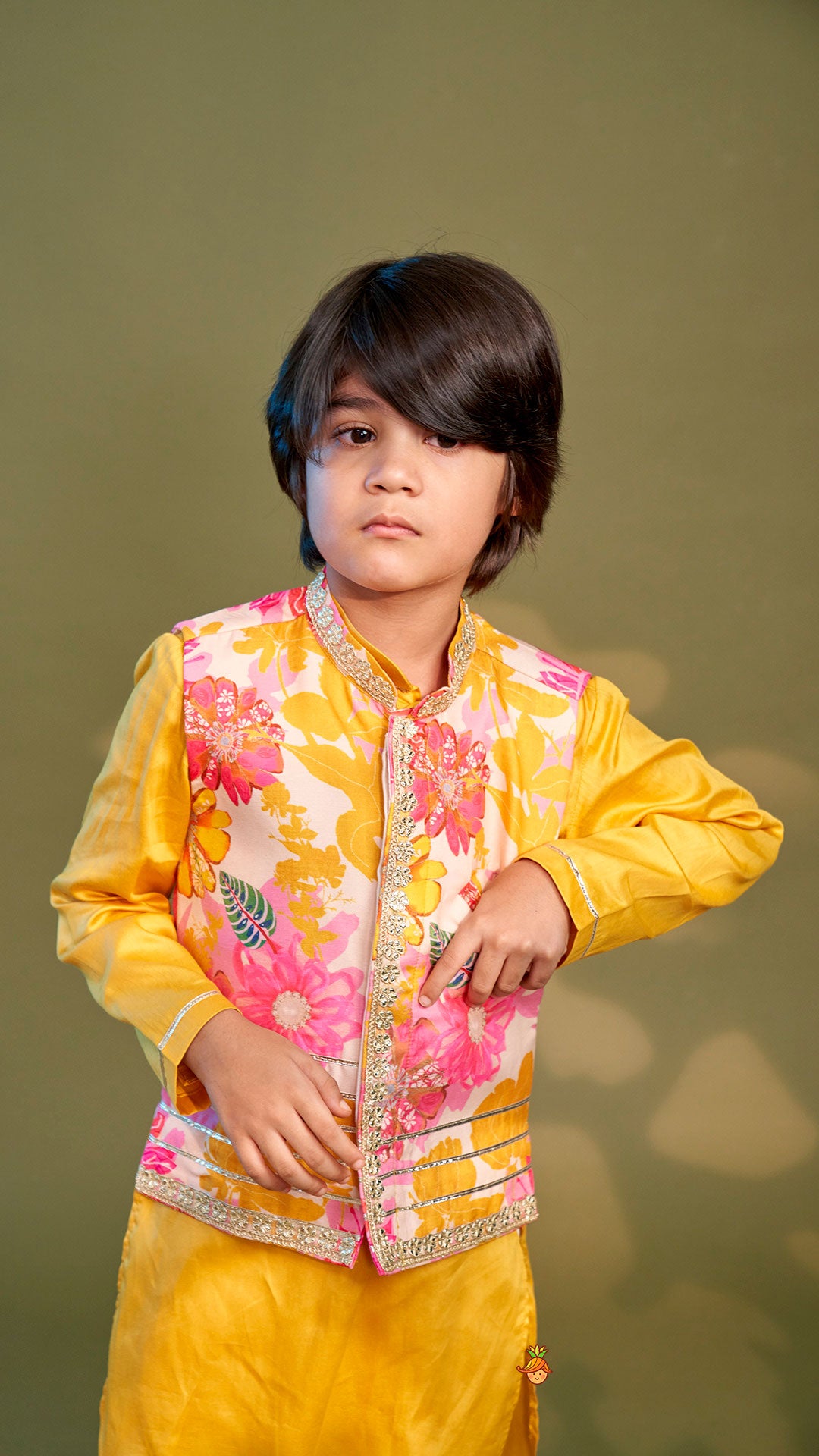 Pre Order: Front Placket Kurta With Floral Printed Multicolour Jacket And Pyjama