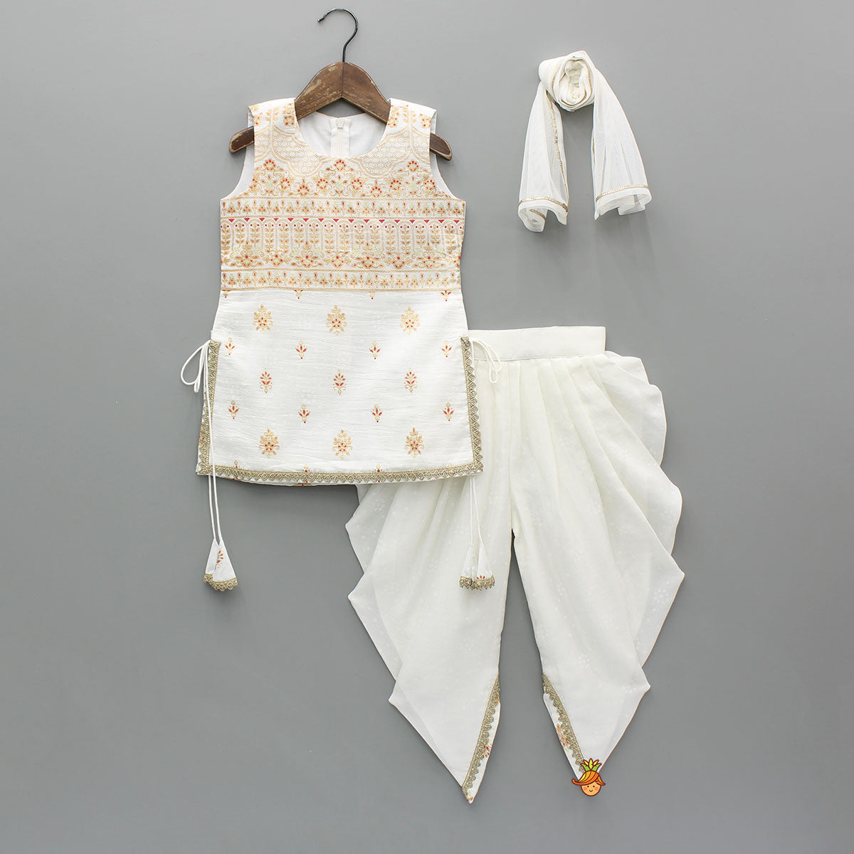 Pre Order: Elegant Ethnic Printed Kurti With Dhoti And Dupatta