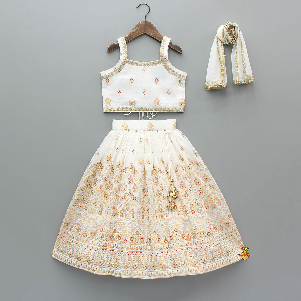 Pre Order: Beautiful Strappy Lace Detailed Top With Matching Lehenga And Dupatta