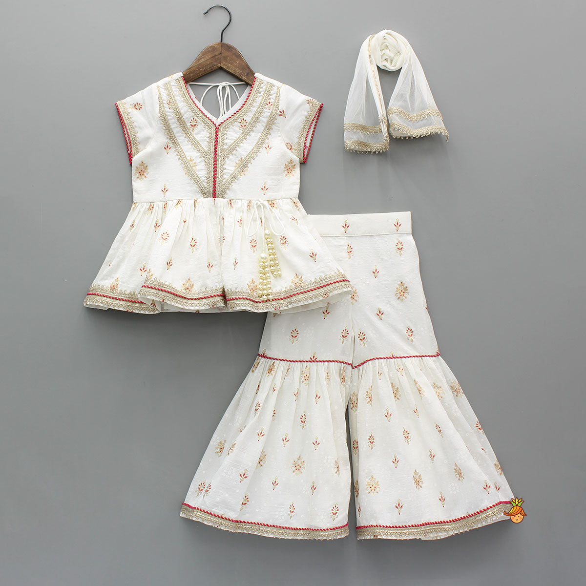 Pre Order: Ethnic Printed Peplum Kurti With Matching Sharara And Dupatta