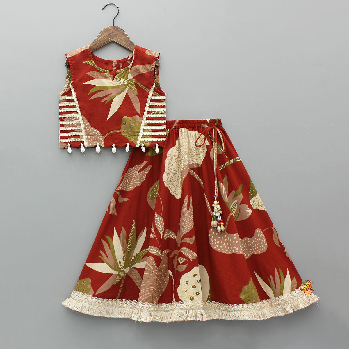 Floral Printed Cotton Embellished Top With Lehenga
