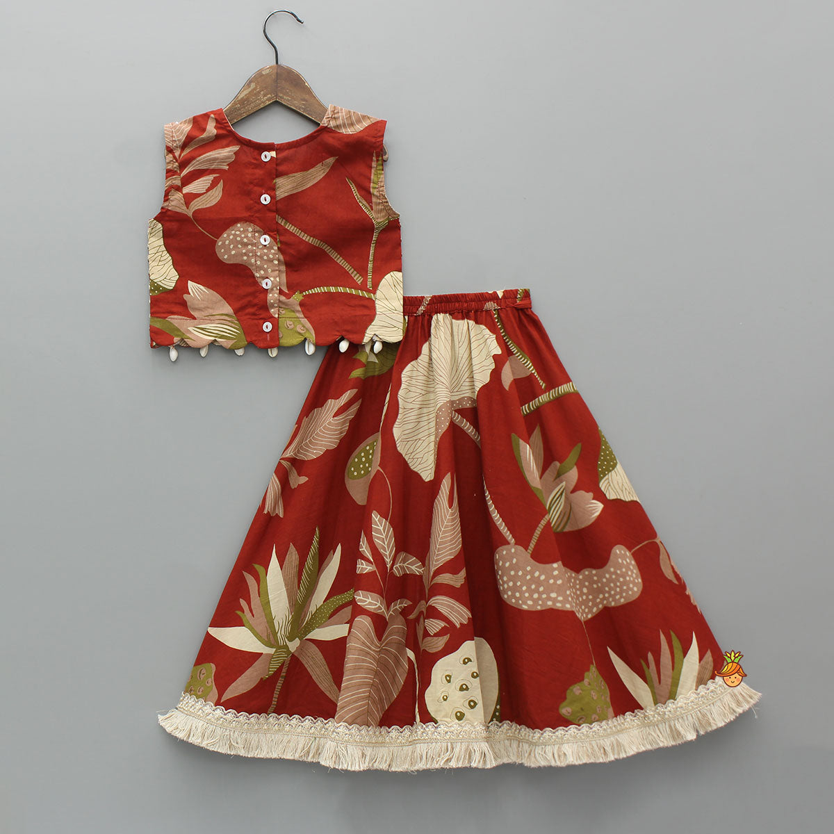 Floral Printed Cotton Embellished Top With Lehenga
