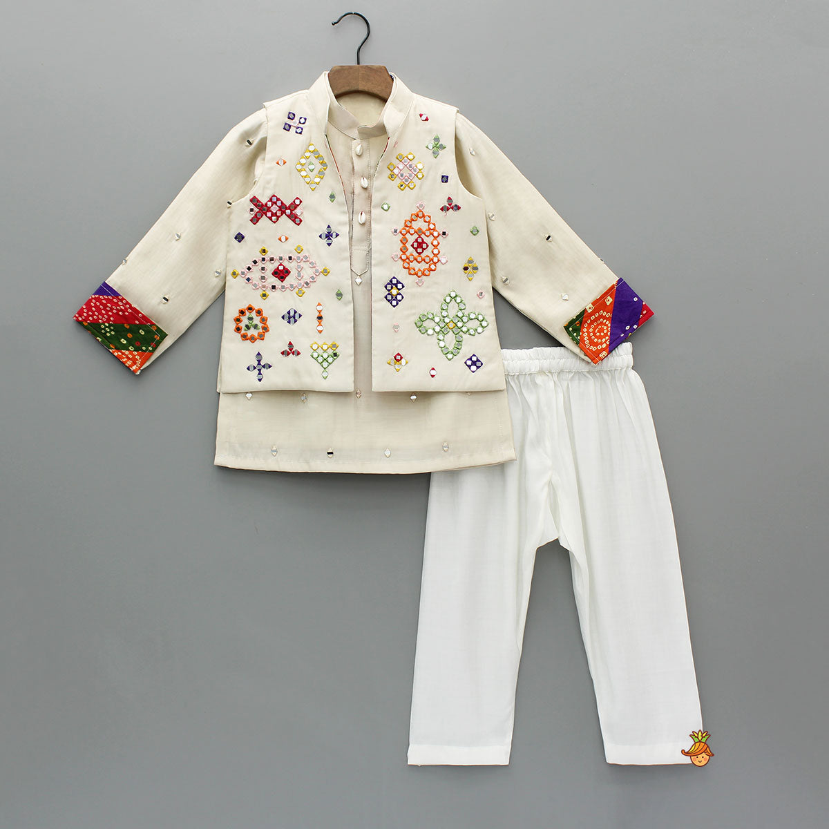 Pre Order: Mirror Embroidered Bandhej Detailed Kurta With Front Open Mirror Work Jacket And Pyjama