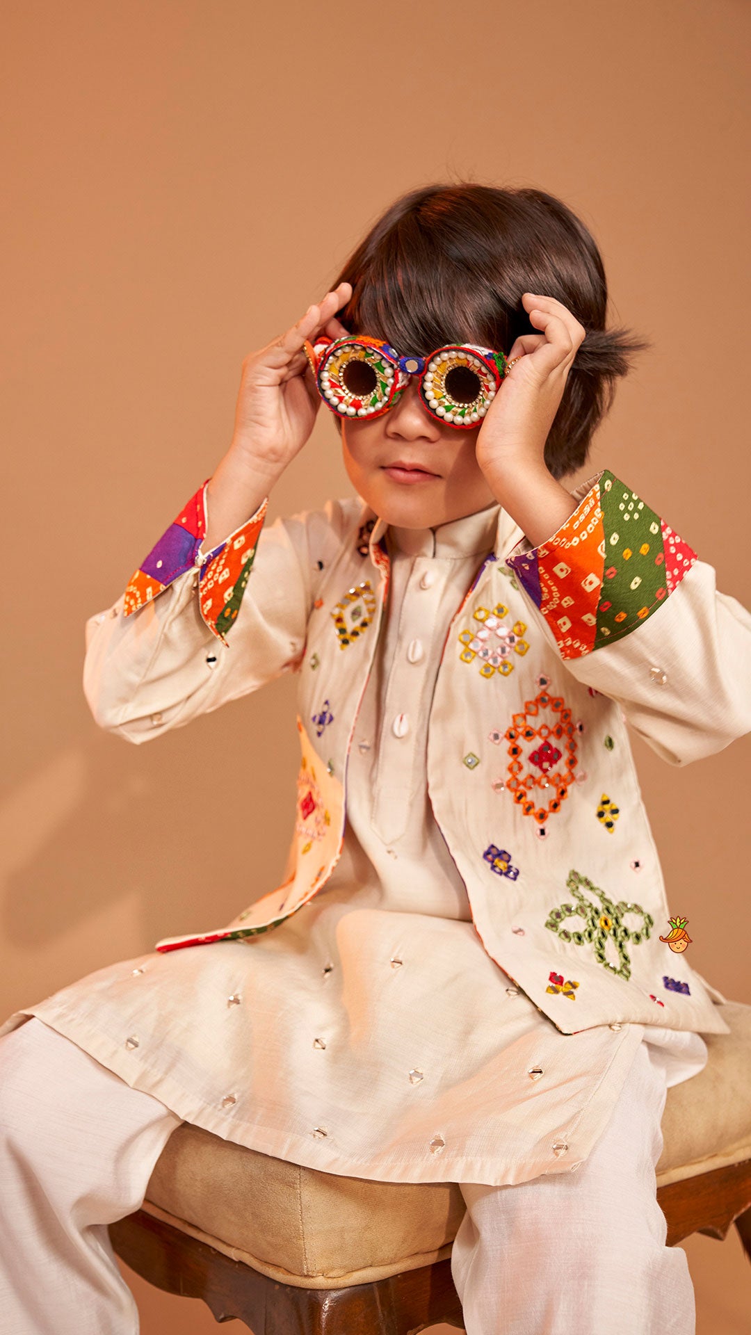 Pre Order: Mirror Embroidered Bandhej Detailed Kurta With Front Open Mirror Work Jacket And Pyjama