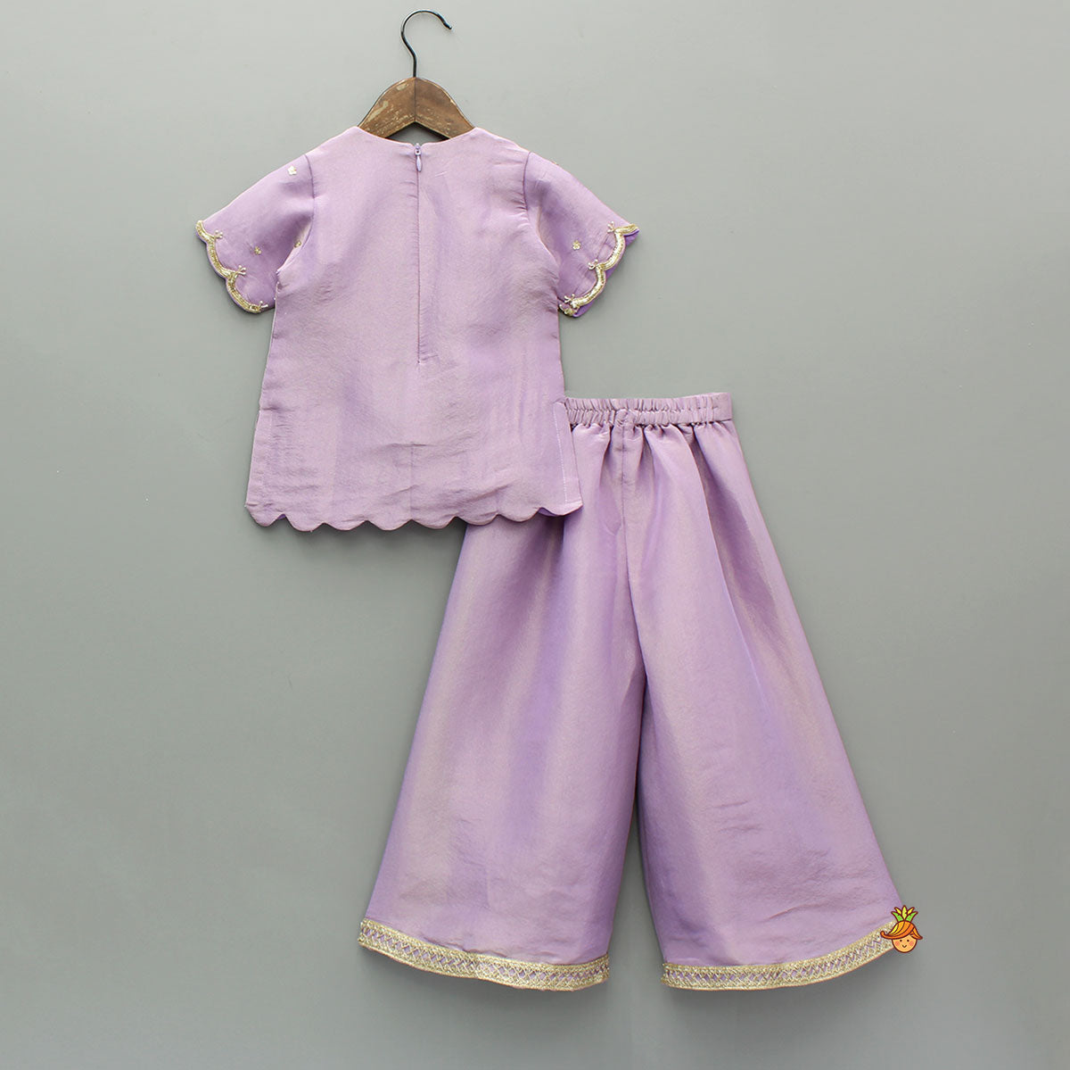 Pre Order: Sheen Lilac Scallop Hem Kurta With Palazzo And Dupatta