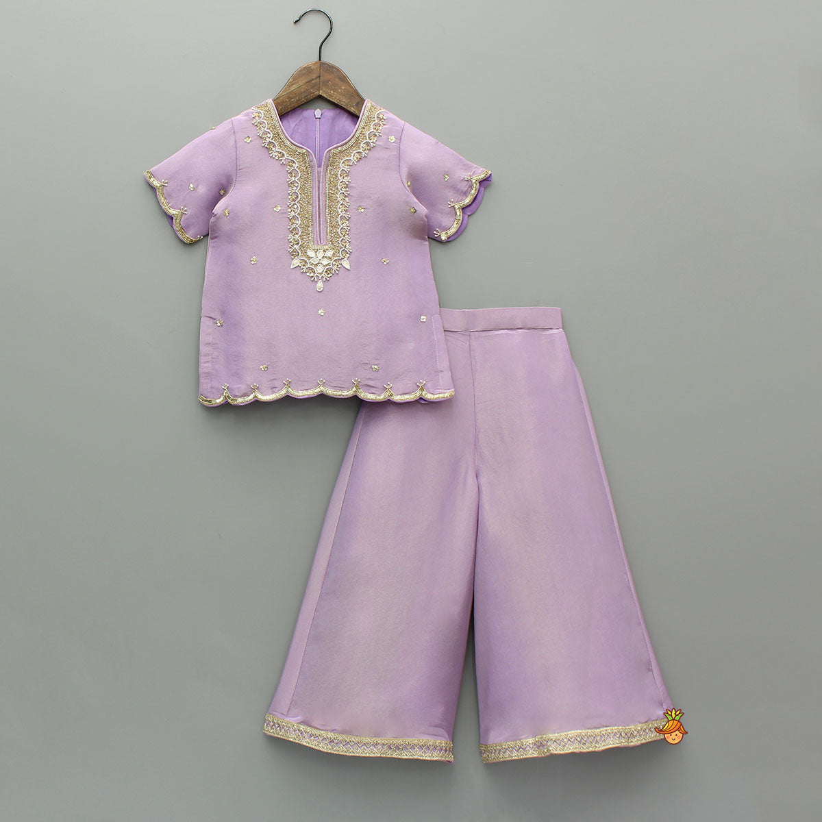 Pre Order: Sheen Lilac Scallop Hem Kurta With Palazzo And Dupatta