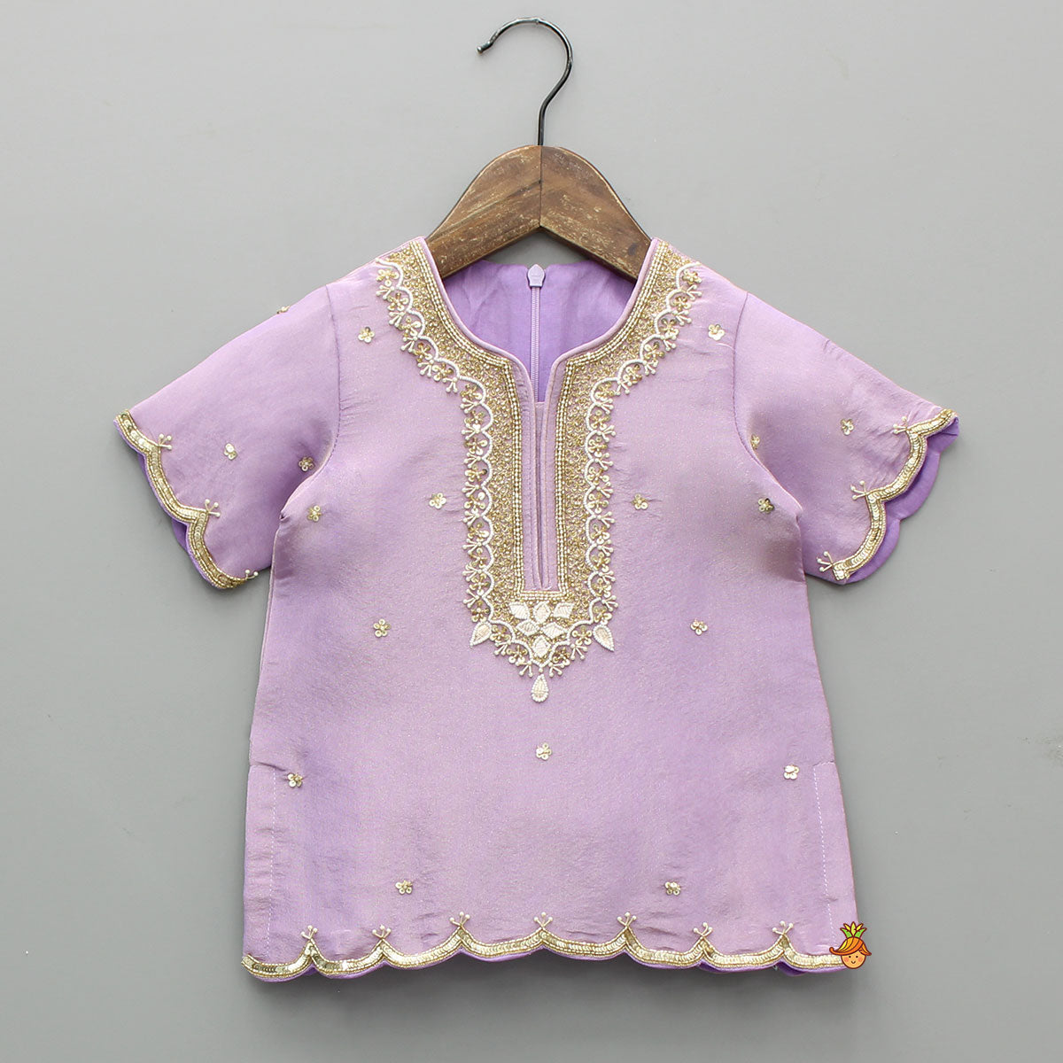 Pre Order: Sheen Lilac Scallop Hem Kurta With Palazzo And Dupatta