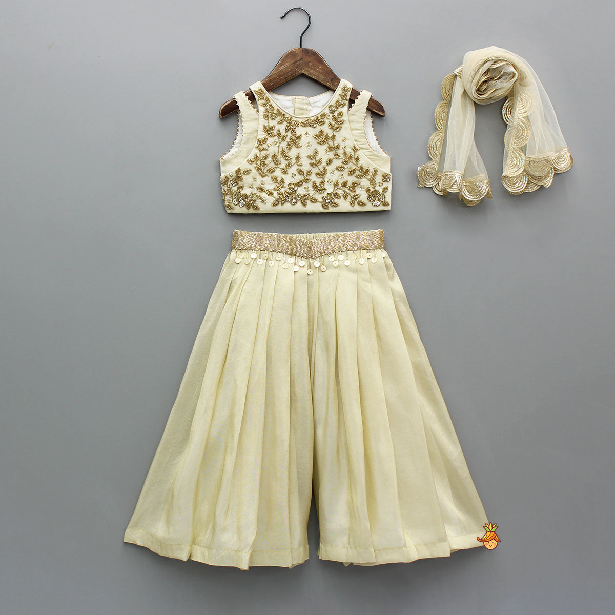Pre Order: Shimmery Beige Embroidered Top With Palazzo And Dupatta
