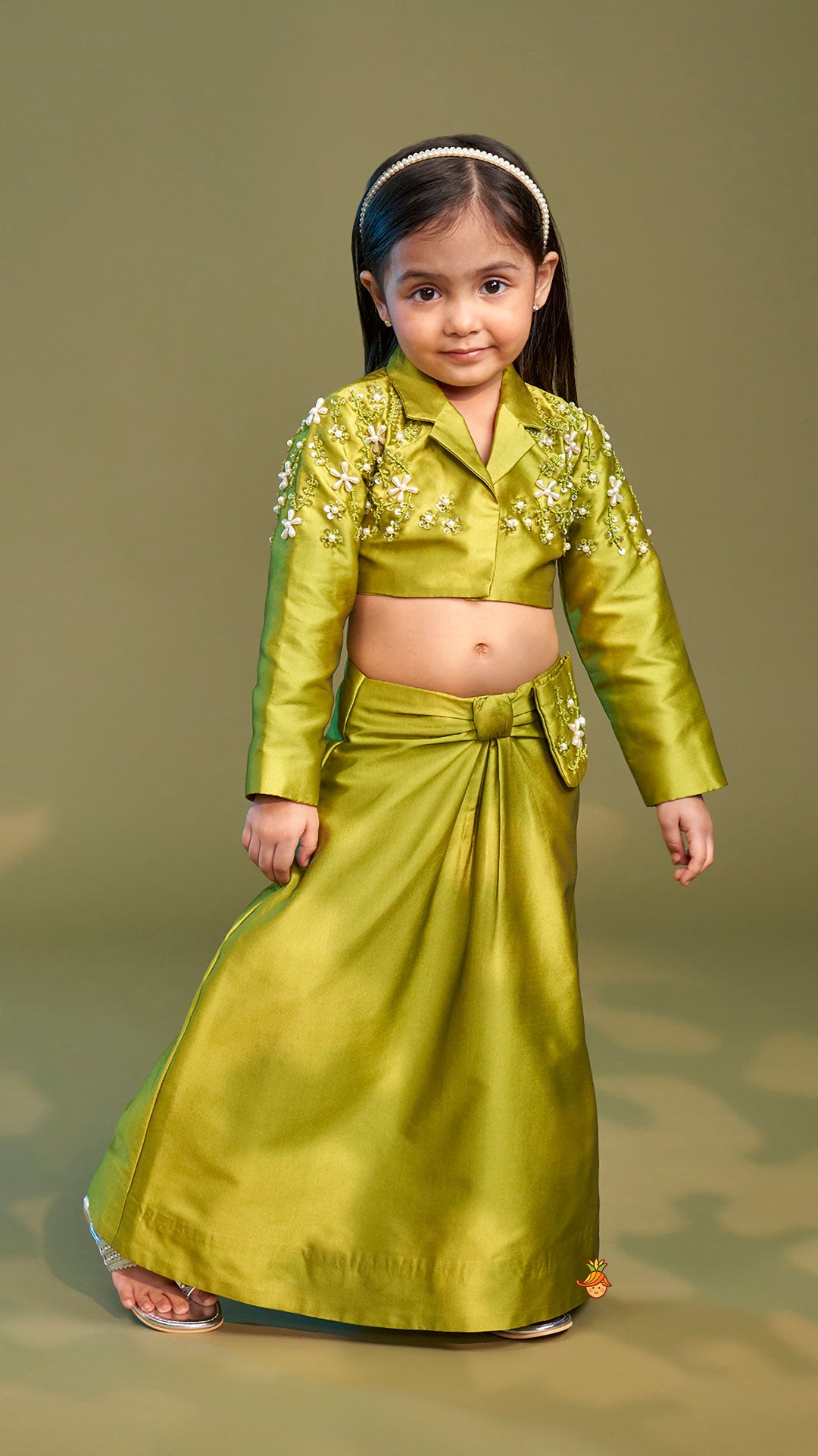 Pre Order: Green Blazer Style Crop Top With Lehenga