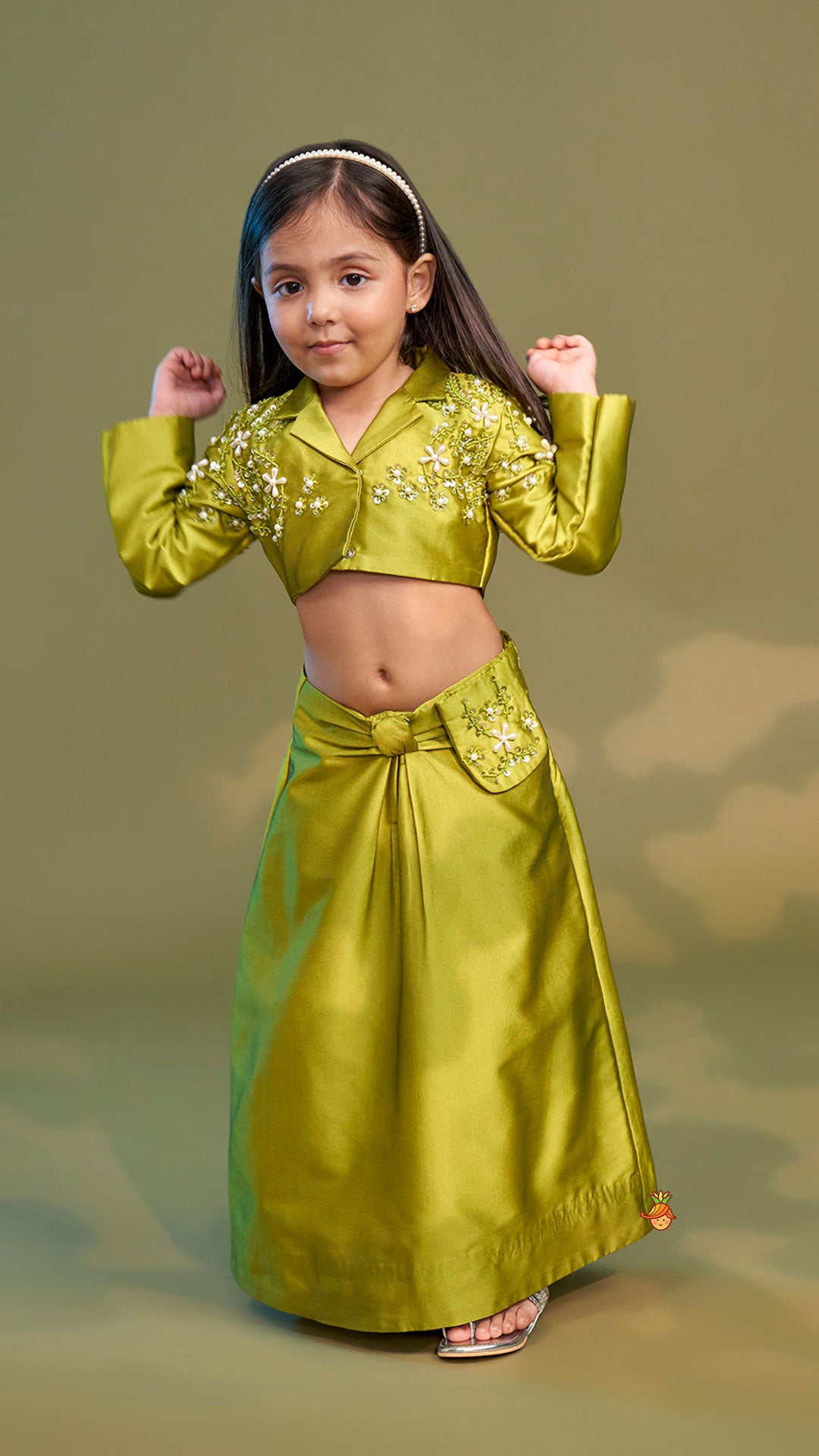 Pre Order: Green Blazer Style Crop Top With Lehenga