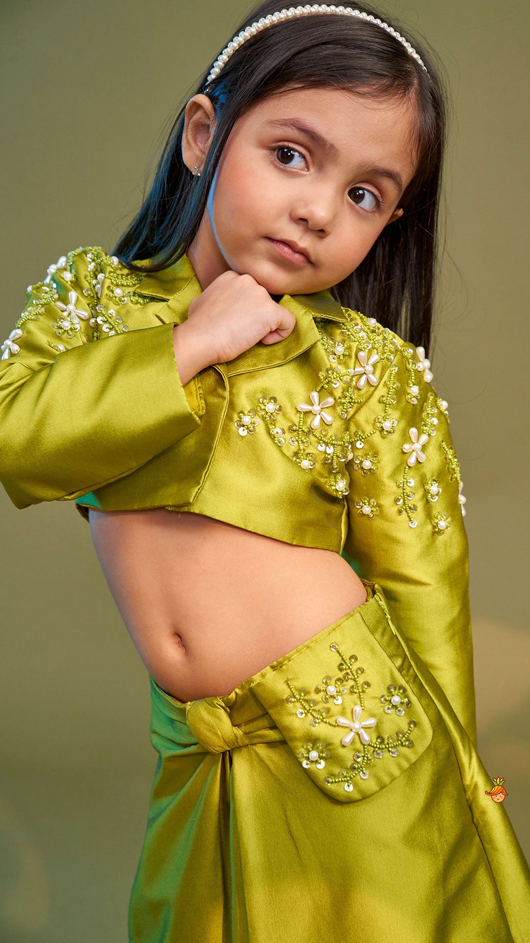 Pre Order: Green Blazer Style Crop Top With Lehenga