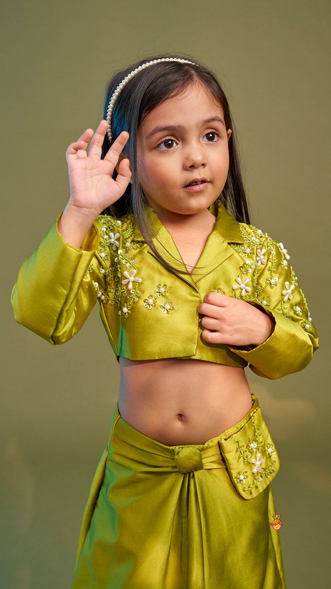 Pre Order: Green Blazer Style Crop Top With Lehenga