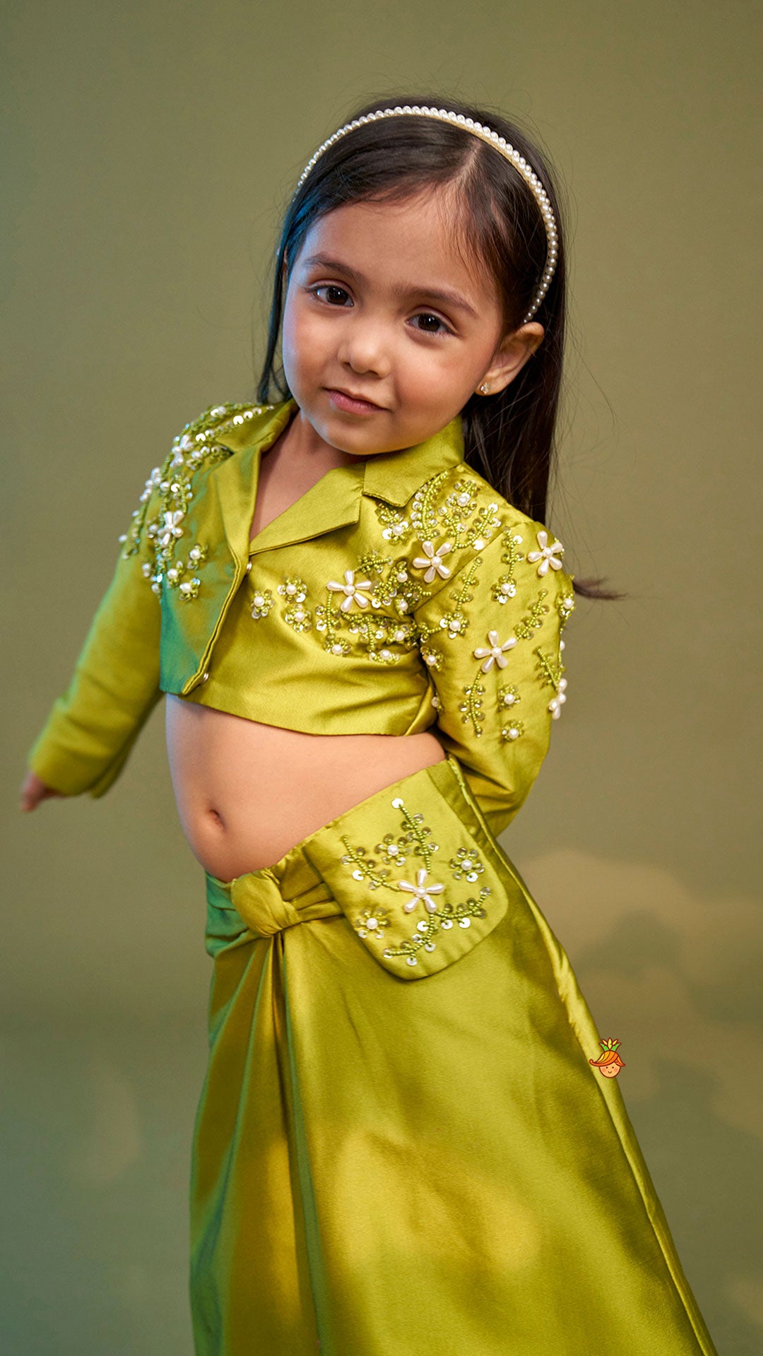 Pre Order: Green Blazer Style Crop Top With Lehenga