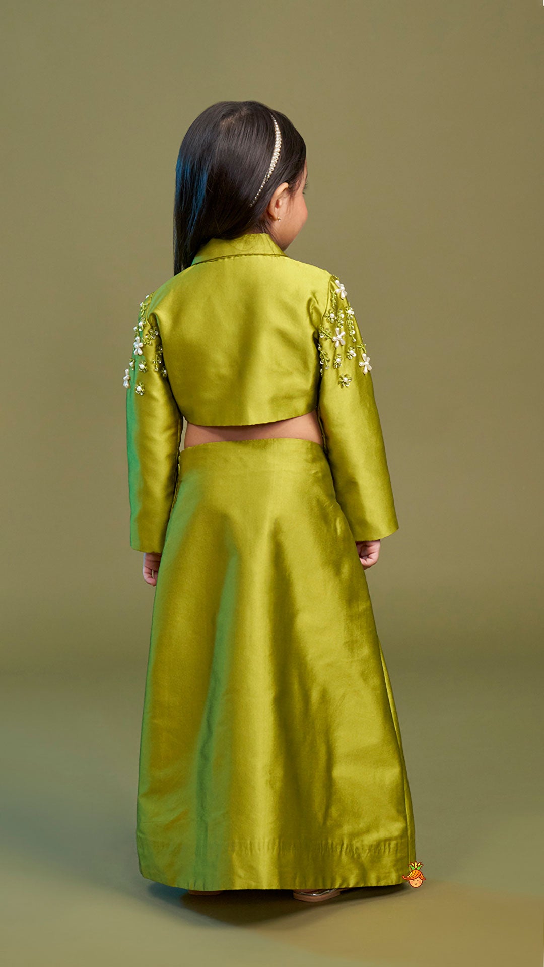 Pre Order: Green Blazer Style Crop Top With Lehenga