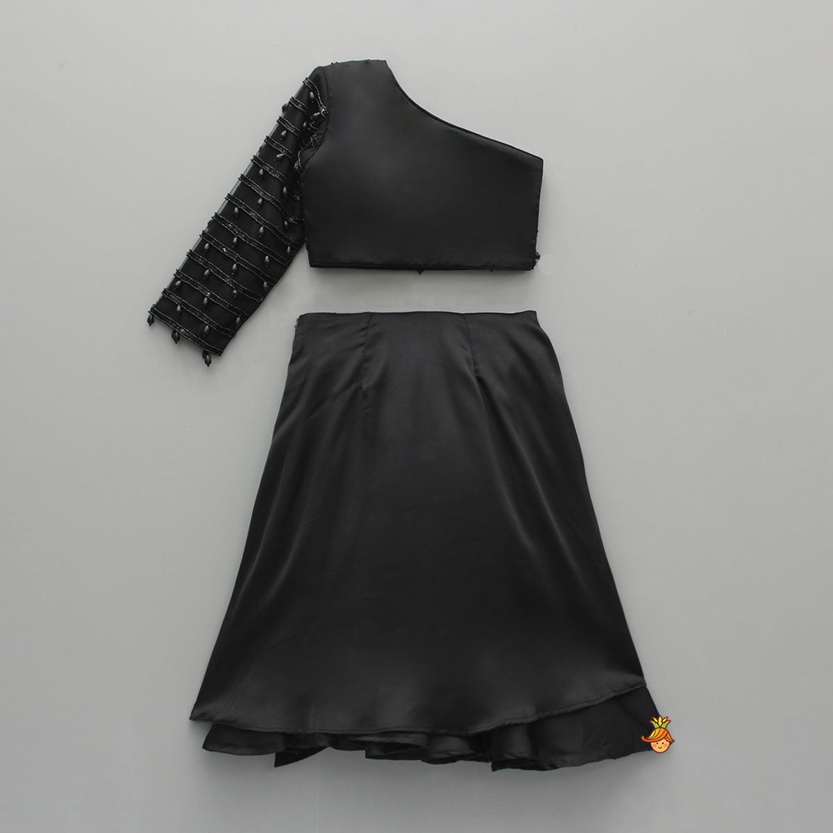 Pre Order: Black One Shoulder Top With Drape Style Skirt