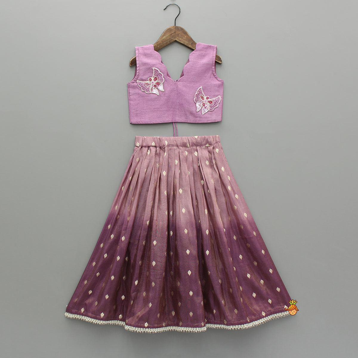 Pre Order: Purple Applique Top With Ombre Brocade Lehenga