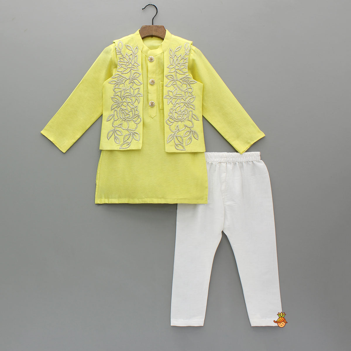 Pre Order: Yellow Kurta With Embroidered Jacket And White Pyjama