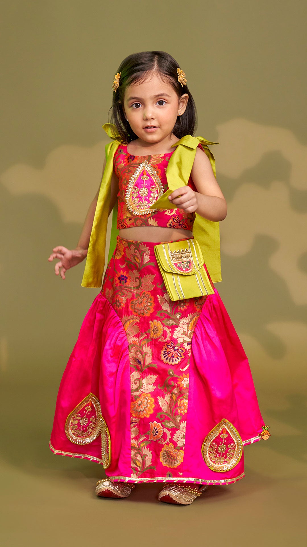 Pre Order: Stunning Bow Embellished Floral Top With Matching Lehenga And Attached Pouch