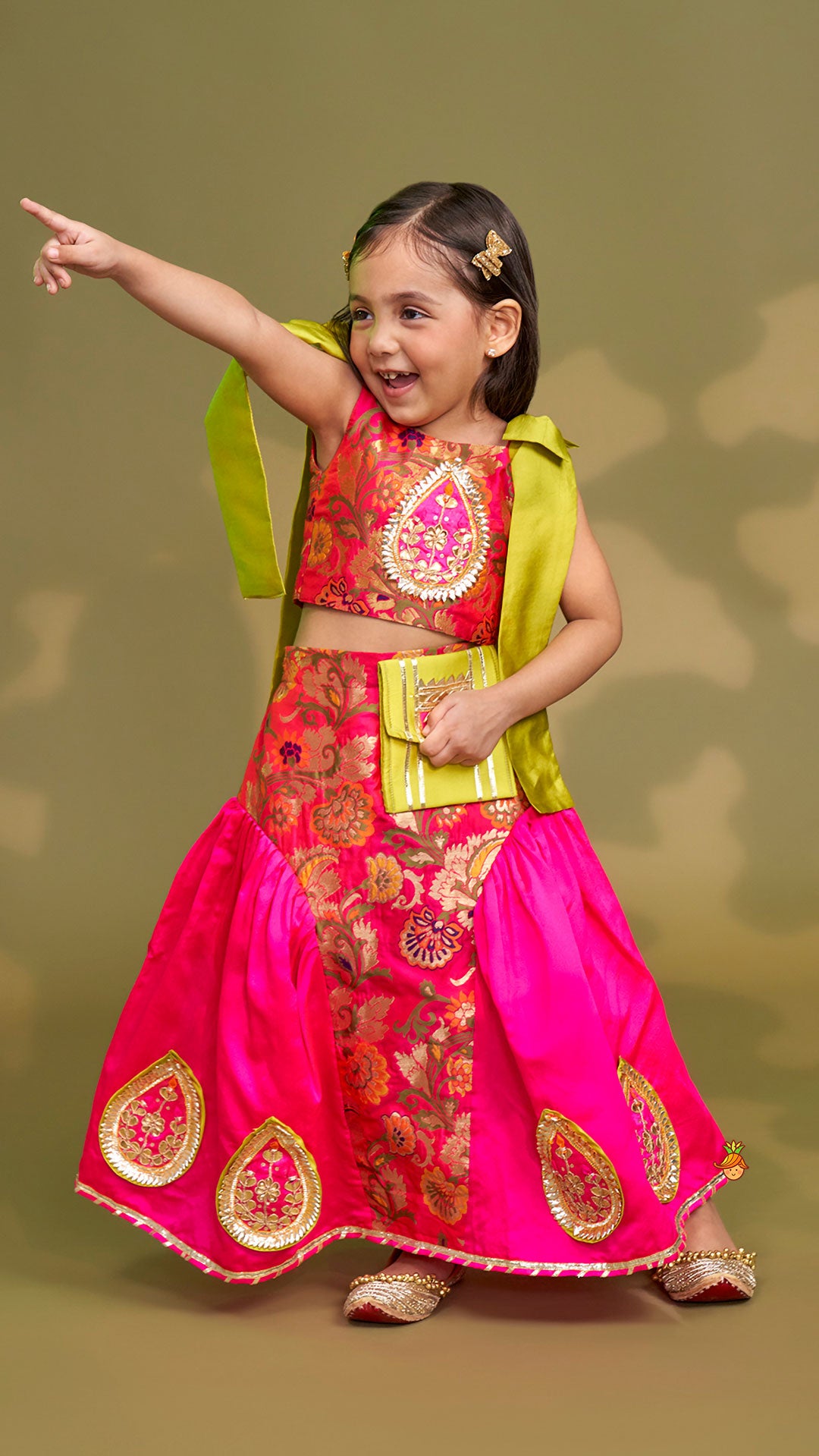 Pre Order: Stunning Bow Embellished Floral Top With Matching Lehenga And Attached Pouch