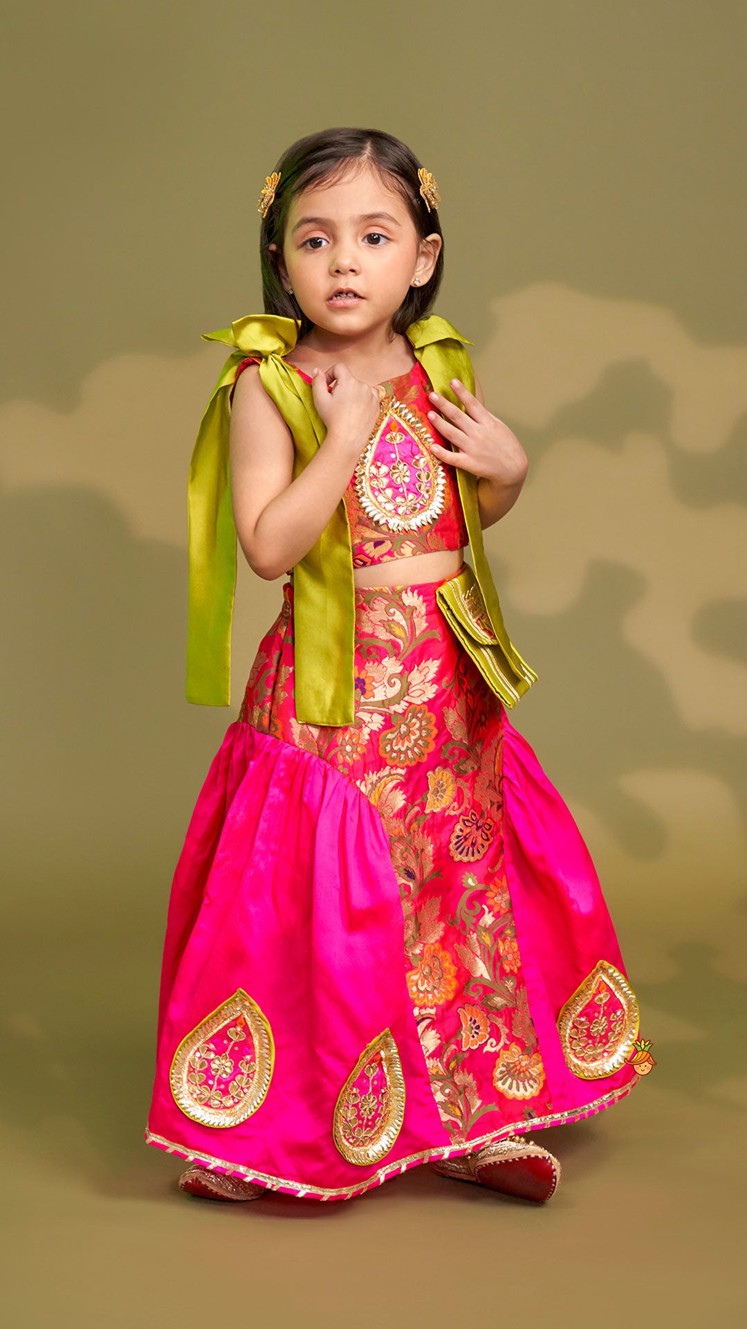 Pre Order: Stunning Bow Embellished Floral Top With Matching Lehenga And Attached Pouch