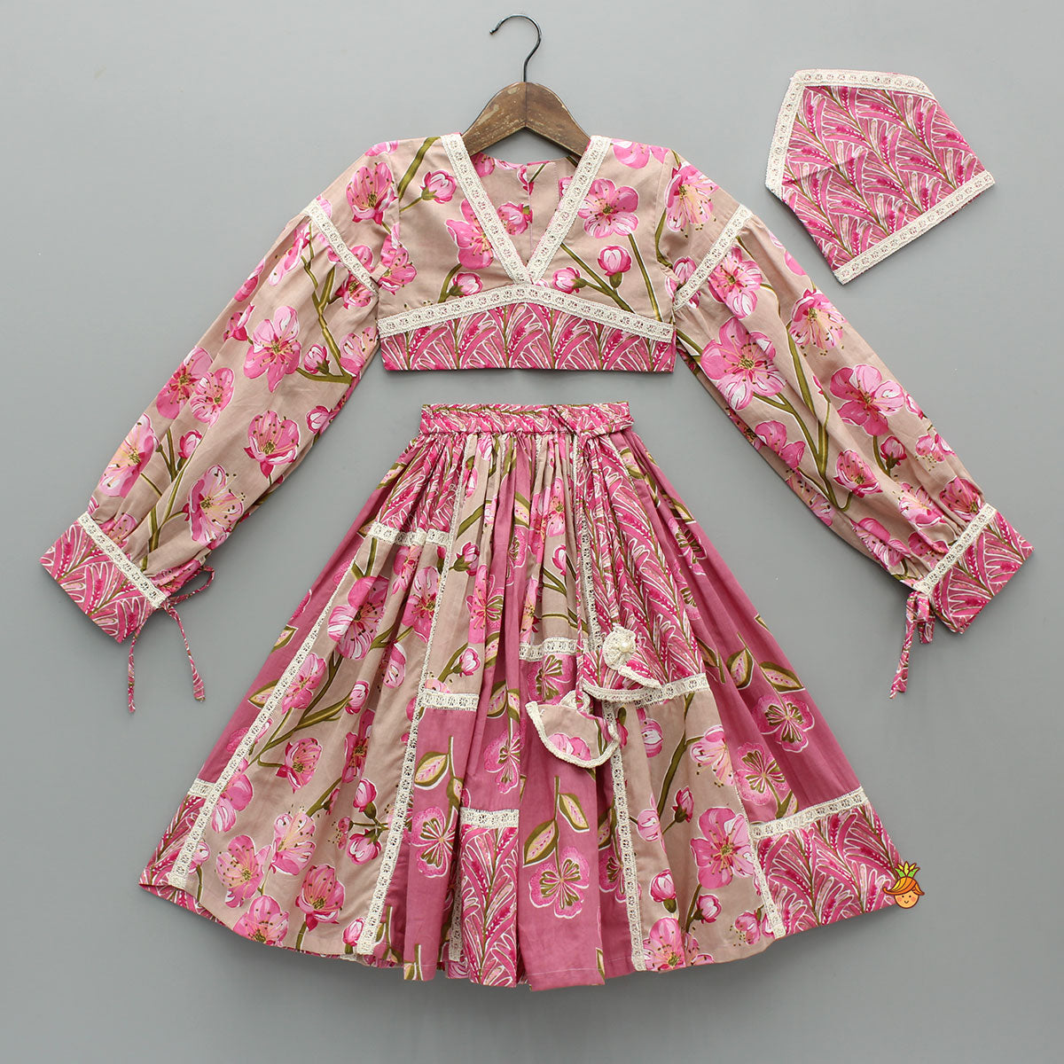 Pre Order: Beautiful Floral Printed Cotton Top With Matching Lehenga And Elasticated Bandana