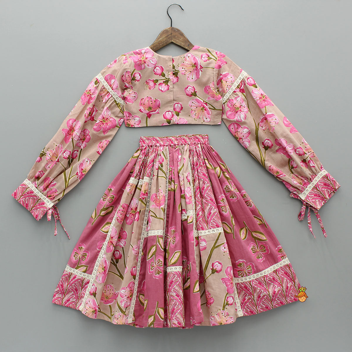 Pre Order: Beautiful Floral Printed Cotton Top With Matching Lehenga And Elasticated Bandana