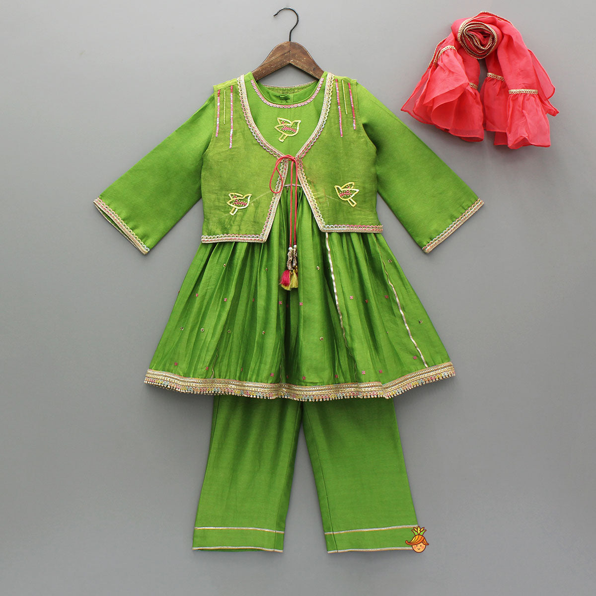 Pre Order: Green Kurti With Vest Style Jacket And Pant And Dupatta
