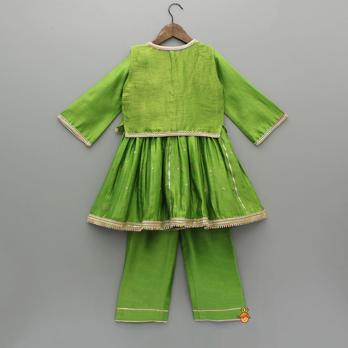 Pre Order: Green Kurti With Vest Style Jacket And Pant And Dupatta