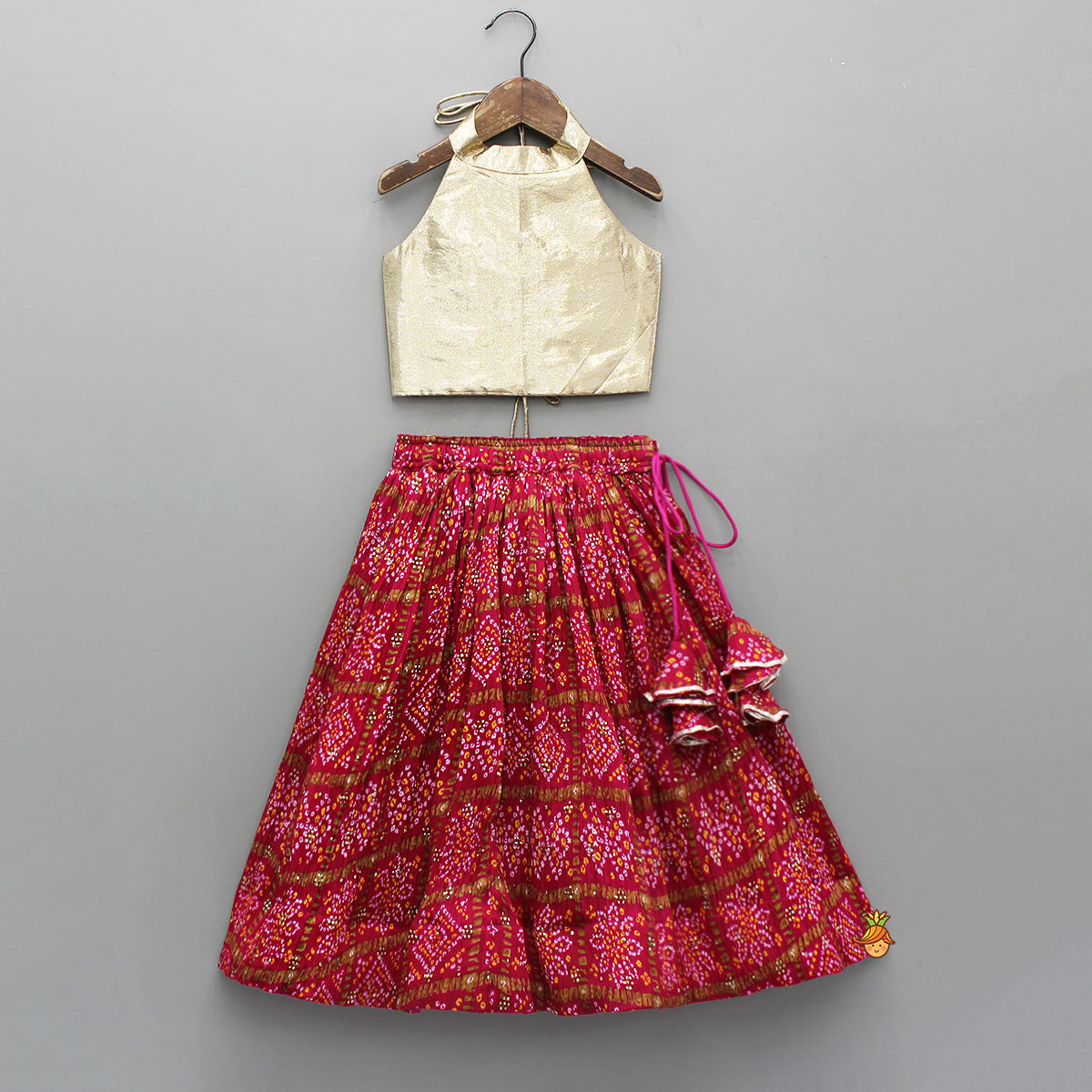 Pre Order: Halter Neck Top With Pink Bandhani Printed Lehenga
