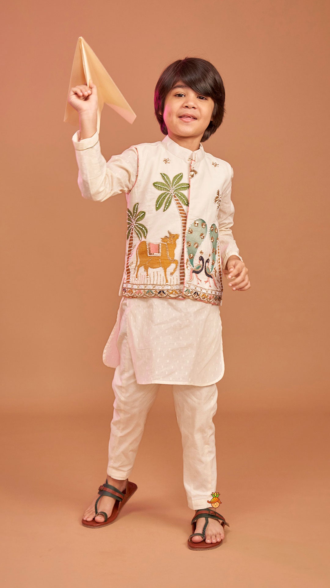 Pre Order: Off White Kurta With Beautiful Embroidered Jacket And Pyjama