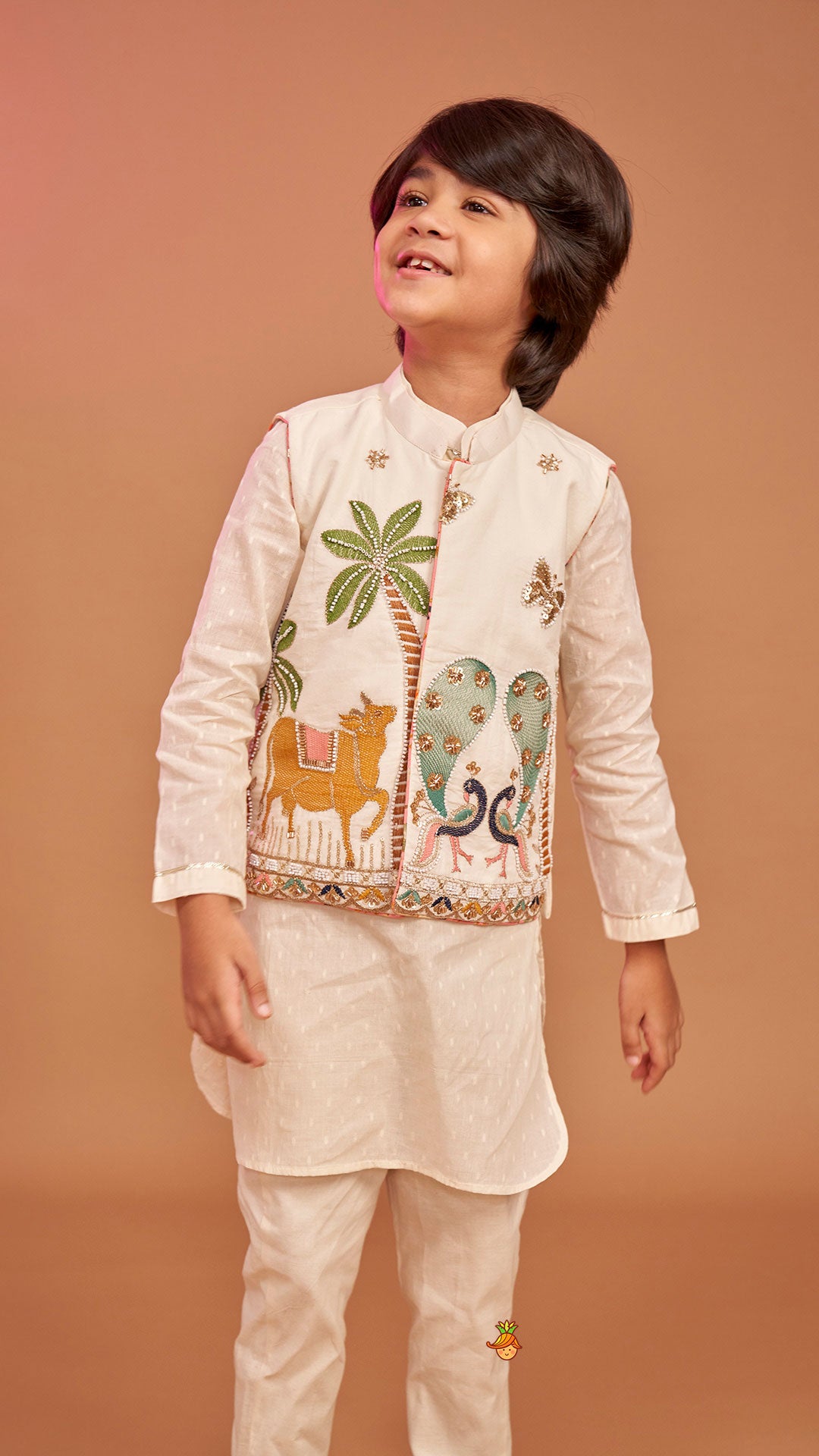 Pre Order: Off White Kurta With Beautiful Embroidered Jacket And Pyjama