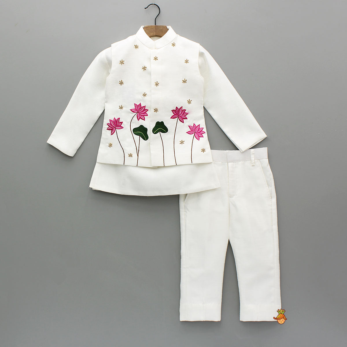 Pre Order: Off White Kurta With Embroidered Jacket With Pant